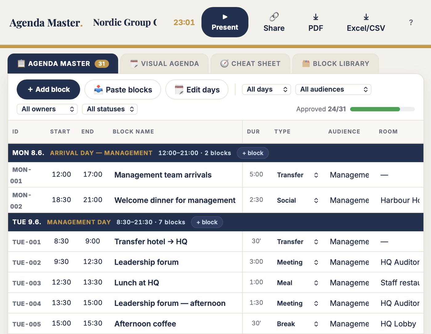 Agenda Master in use: every block with start and end times, duration, type, audience and room, grouped by day